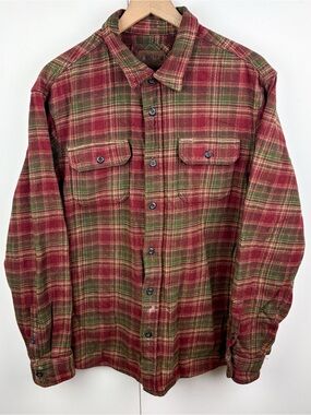 Orvis 100% Cotton Thick Heavy Flannel Hunting Red Green Plaid Casual Button Down
